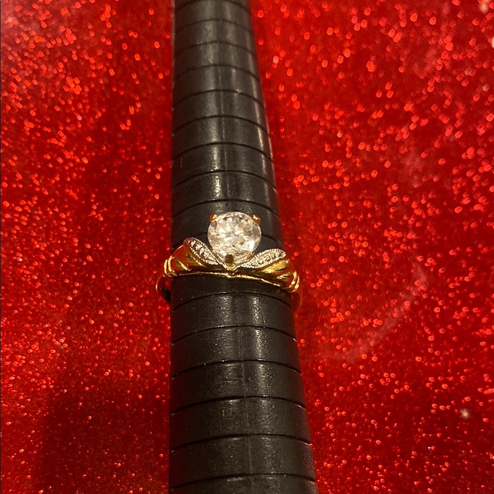 14K HGE Solitaire Ring Marcasite Round Cut Gold Electroplated.